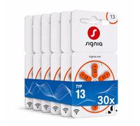 Siemens-Signia Lot de 30 piles pour appareils auditifs, type 13, orange, fabriquées en Allemagne, avec chiffon de nettoyage, sans fil, sans mercure