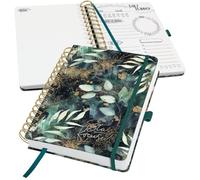 SIGEL Agenda journalier Jolie sans date A5 couverture rigide | JP203, calendrier à spirale, Glamorous Leaves, 120 g/m², 240 p, vert/noir/or