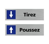 Signalétique.biz France - Lot de 2 Plaques de portes de porte Poussez/Tirez (Q0438) - 170 X 50 mm - Adhésif aspect aluminium brossé