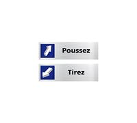 Signalétique.biz France - Lot de 2 Plaques de portes de porte Tirez/Poussez (Q0437) - 170 X 50 mm - Adhésif aspect aluminium brossér