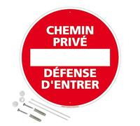 Signalétique.biz France - Panneau de signalisation rétro réfléchissant rond prépercé PVC ou ALU diam 250mm ou 300mm + Kit de fixation pour pose facile, rapide - Chemin privé Défense d'entrer -