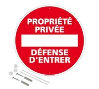 Signalétique.biz France, Panneau de signalisation rétro réfléchissant rond prépercé PVC ou ALU diam 250mm ou 300mm + Kit de fixation pour pose facile, rapide, Propriété privée défense d'entrer