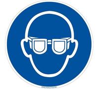 Signalétique.biz France - Panneau d'obligation Port de lunettes de protection obligatoire. Obligation Signalisation EPI. Autocollant, PVC, Alu - Diamètre 125 mm - Adhésif -