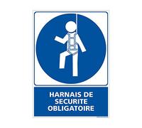 Signalétique.biz France - Panneau d'obligation Port du harnais de sécurité Picto + Texte. Obligation Signalisation EPI. Autocollant, PVC, Alu - 150 x 210 mm - Adhésif