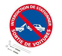 Signalétique.biz France - Panneau Interdiction De Stationner Sortie De Voitures Plastique Pvc 1 Mm - Diam. 300 Mm Signalisation Prépercée Avec Kit De Fixation Fabrication Française