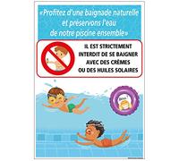 Signalétique.biz France - Panneau piscine baignade naturelle préservons l'eau. Interdiction de baignade avec crèmes et huiles de bain (S_H0523) - 300 x 420 mm - Aluminium 2 mm - Aluminium 2 mm -