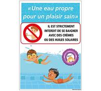 Signalétique.biz France - Panneau piscine eau propre pour un plaisir sain. Interdiction de baignade avec crèmes et huiles de bain (S_H0522) - 300 x 420 mm - Aluminium 2 mm - Aluminium 2 mm -