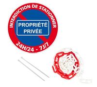 Signalétique.biz France - panneau rond en aluminium 300mm - Interdiction de stationner propriété privé 24h/24-7j/7, avec chaîne plastique rouge et blanche 5m + colliers de serrage.