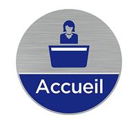 Signalétique.biz France - Plaque de porte Accueil (Q0470) - Diamètre 83 mm - Adhésif aspect aluminium brossé