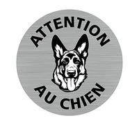Signalétique.biz France - Plaque de porte Attention - Au Chien (Q0457) - Diamètre 76 mm - Plaque aluminium brossé de 2mm