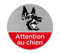 Signalétique.biz France - Plaque de porte Attention au Chien (Q0469) - Diamètre 76 mm - Adhésif aspect aluminium brossé