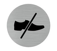 Signalétique.biz France - Plaque de porte Chaussures Interdites (Q0167). Plaque Chaussures Interdites - Diamètre 76 mm - Plaque aluminium brossé de 2mm