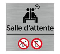 Signalétique.biz France - plaque de porte Salle d'attente, interdit de fumer et de téléphoner (Q1065) - 150 x 150 mm - Adhésif aspect aluminium brossé