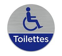 Signalétique.biz France - Plaque de porte toilettes handicapés (Q0462). Autocollant souple effet aluminium brossé - Diamètre 76 mm