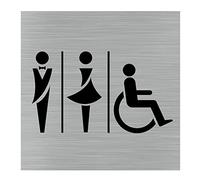 Signalétique.biz France - plaque de porte Toilettes Hommes/Femmes/PMR (Q1053) - 150 x 150 mm - Adhésif aspect aluminium brossé