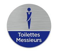 Signalétique.biz France - Plaque de porte Toilettes Hommes (Q0465) - Diamètre 76 mm - Adhésif aspect aluminium brossér