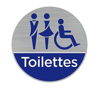 Signalétique.biz France - Plaque de porte Toilettes mixtes handicapés (Q0463) - Diamètre 83 mm - Adhésif aspect aluminium brossé