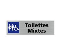 Signalétique.biz France - Plaque de porte TOILETTES MIXTES (Q0128) - 170 X 50 mm - Plaque aluminium brossé de 2mm