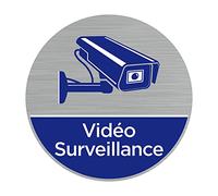 Signalétique.biz France - Plaque de porte Vidéo Surveillance (Q0467) - Diamètre 83 mm - Adhésif aspect aluminium brossé