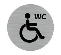 Signalétique.biz France - Plaque de porte WC Handicapé et PMR (Q0183) - Diamètre 83 mm - Adhésif aspect aluminium brossé