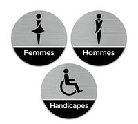 Signalétique.biz France - Plaque de porte WC. Lot de 3 Plaques de porte Toilettes Hommes, Femmes, Handicapés - Diamètre 83 mm - Adhésif aspect aluminium brossé