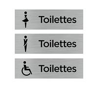 Signalétique.biz France - Plaque de porte WC. Lot de 3 Plaques de porte Toilettes Hommes, Femmes, Handicapés - 170 X 50 mm - Plaque aluminium brossé de 2mm