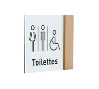 Signalétique en Drapeau pour Toilettes, femme, homme et personne à mobilité réduite, Bois et panneau gravé laser (Panneau blanc pictogramme noir)