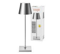 SIGOR Nuindie - Lampe de table avec batterie à LED variable pour l’intérieur et l’extérieur, hauteur 38 cm, rechargeable par Easy-Connect, 24 h de durée de luminosité, Aluminium blanc