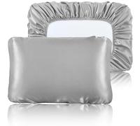 SiinvdaBZX Lot de 2 taies d'oreiller en satin gris argenté, taille standard/grand lit, taie d'oreiller de voyage en satin avec bande élastique pour cheveux et peau, douce, portable et adaptée à divers