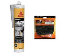 SIKA 670 Fire, Mastic silicone résistant au feu, 300ml, Gris & Pyrofeu - Joint Noir en Fibre de Verre - Diamètre 8, 2m50 - Résiste à 500°C - Fabrication Française - Tube de Colle 17ml Inclus
