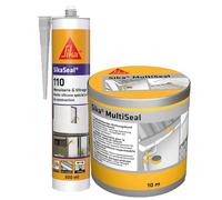 SIKA - Bande d'étanchéité autocollante - Résistant à la déchirure - Multisupports - Aluminium - 150mm x 3m + Mastic Silicone pour joint de menuiserie & vitrage - Multi-supports - Transparent - 300ml