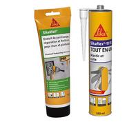 SIKA - Enduit de Rebouchage Universel tout en 1 en tube Blanc - Pâte à reboucher lissage et finition - 425g + Mastic-Colle PU - Tout en 1 - Multi-matériaux - Int/Ext - Blanc- 300ml