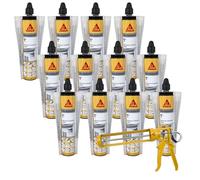 SIKA - Lot de 12 cartouches de scellement chimique - Durcissement rapide - Multi-matériaux - Scelle gonds, garde corps, store de terrasse - Gris - 300ml + pistolet d'application