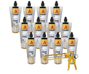 SIKA - Lot de 12 cartouches de scellement chimique - Durcissement rapide - Multi-matériaux - Scelle gonds, garde corps, store de terrasse - Gris - 300ml + pistolet d'application