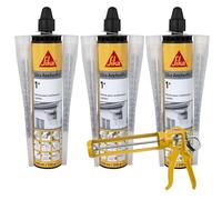 SIKA - Lot de 3 cartouches de scellement chimique - Durcissement rapide - Multi-matériaux - Scelle gonds, garde corps, store de terrasse - Gris - 300ml + pistolet d'application