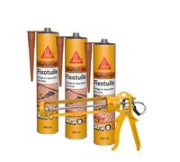 SIKA - Lot de 3x Mastic pour collage et réparation des tuiles - Mastic PU - Terre cuite - 300ml + Pistolet d'application