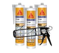 SIKA - Lot de 3x Mastic Silicone - Spécial verre - Intérieur et extérieur - Ne jaunit pas - Transparent - 3x300ml + Pistolet d'application