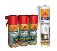 SIKA - Lot de 3x400ml, Mousse PU Moyen Format, Sika Boom 128, expansion 20L, Usage tous sens, Blanc + 1x Mastic Silicone Neutre, SikaSeal 110 Menuiserie et Vitrage, Multi-supports, 300ml, Blanc PVC