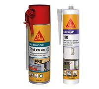 SIKA - Mousse expansive polyuréthane - Usage tous sens - Expansion 20L - Isoler & Calfeutrer - 250ml - Blanc + Mastic Silicone pour joint de menuiserie & vitrage - Multi-supports - Transparent - 300ml