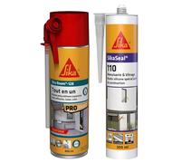 SIKA - Mousse expansivepolyuréthane - Usage tous sens - Isoler & Calfeutrer - Expansion 20L - 400ml - Blanc + Mastic silicone pour joint de menuiserie et vitrage - 300ml - Transparent