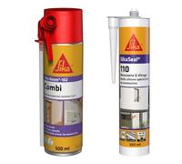 SIKA - Mousse polyuréthane - Pistolable ou manuelle - Réutilisable - Forte expansion 20L - Blanc - 500ml + Mastic Silicone pour joint de menuiserie & vitrage - Multi-supports - Blanc - 300ml