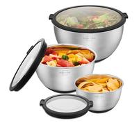 SILBERTHAL Lot de 3 Saladiers Inox avec Couvercles, 1,4 / 2,8 / 4,7 L | Fond antidérapant en silicone, graduations intérieures, empilables. Pour pâtisserie et salade composée.