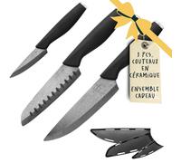SILBERTHAL Set de couteaux en céramique 3 pièces - manche noir, tranchants, polyvalents - couteau de chef, couteau Santoku, couteau d'office