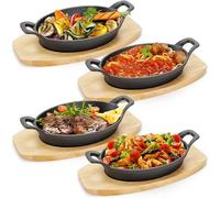 Silecomplaza, lot de 4 mini poêles à fajitas en fonte, dimensions 21,6 x 15,5 cm, grande surface de cuisson, fond en bois, petites cocottes ovales, en fonte, plaques de cuisson pour pizza, poêle à ste