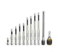 Sileduove Lot de 11 embouts de tournevis cruciformes PH2 en alliage d'acier - Antidérapants K5 - Double rainure - Embouts longs de 50 à 150 mm - Avec 2 tiges d'extension à tige hexagonale 1/4 - Pour