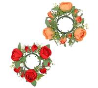 SILENRADAWN Anneaux de Bougie Décoratifs de Couronne Roses Artificielles en Tissu Soie, Légers et Réalistes pour Centre de Table de Mariage ou Anniversaire, Lot de 2 Pièces