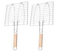 SILENRADAWN Panier à Griller pour Barbecue en Métal Argenté, Lot de 2 Pièces Poignées en Bois, Cuisson Uniforme pour Poisson et Viande en Barbecue Extérieur Quotidien