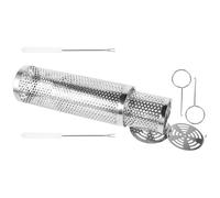 SILENRADAWN Panier à Griller pour Barbecue Extérieur, Filet à Griller Rond en Acier Inoxydable, Panier Barbecue Roulant, Couvercle Rabattable, Crochet et Fourche, pour Pique-niques et Camping