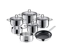 Silit Diamant Set de casseroles à induction 7 pièces avec couvercle en verre, poêle, cuiseur vapeur, acier inoxydable poli, set de casseroles sans revêtement
