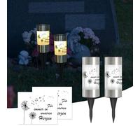 Silkwish Lot de 2 lampes solaires funéraires avec piquet et autocollants pissenlit - IP65 - Bougie funéraire LED résistante aux intempéries - Bougies de cimetière avec capteur crépusculaire